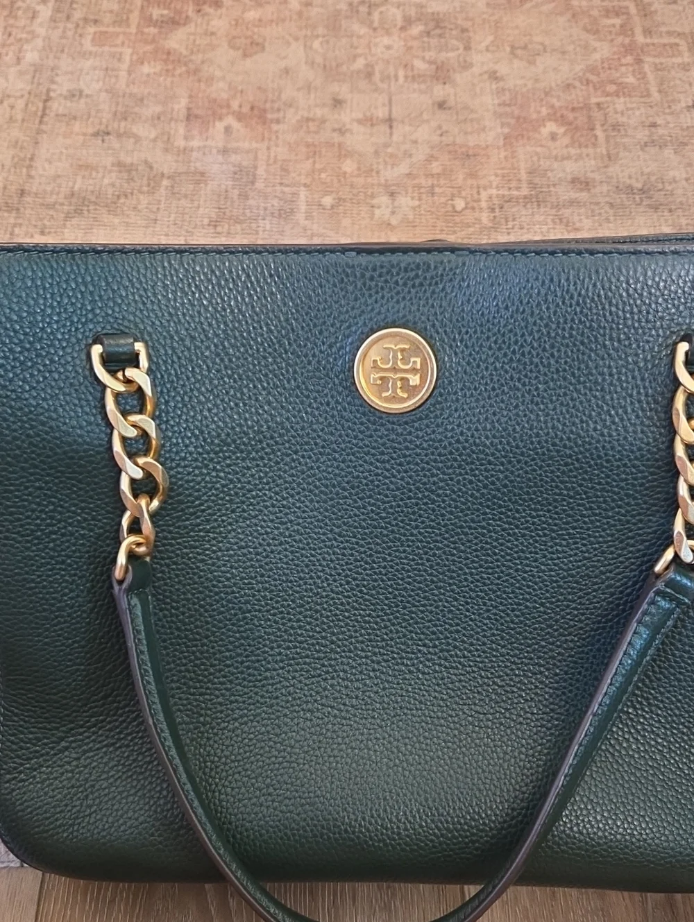Tory Burch Dark Green Pebbled Leather Chain Shoulder Bag